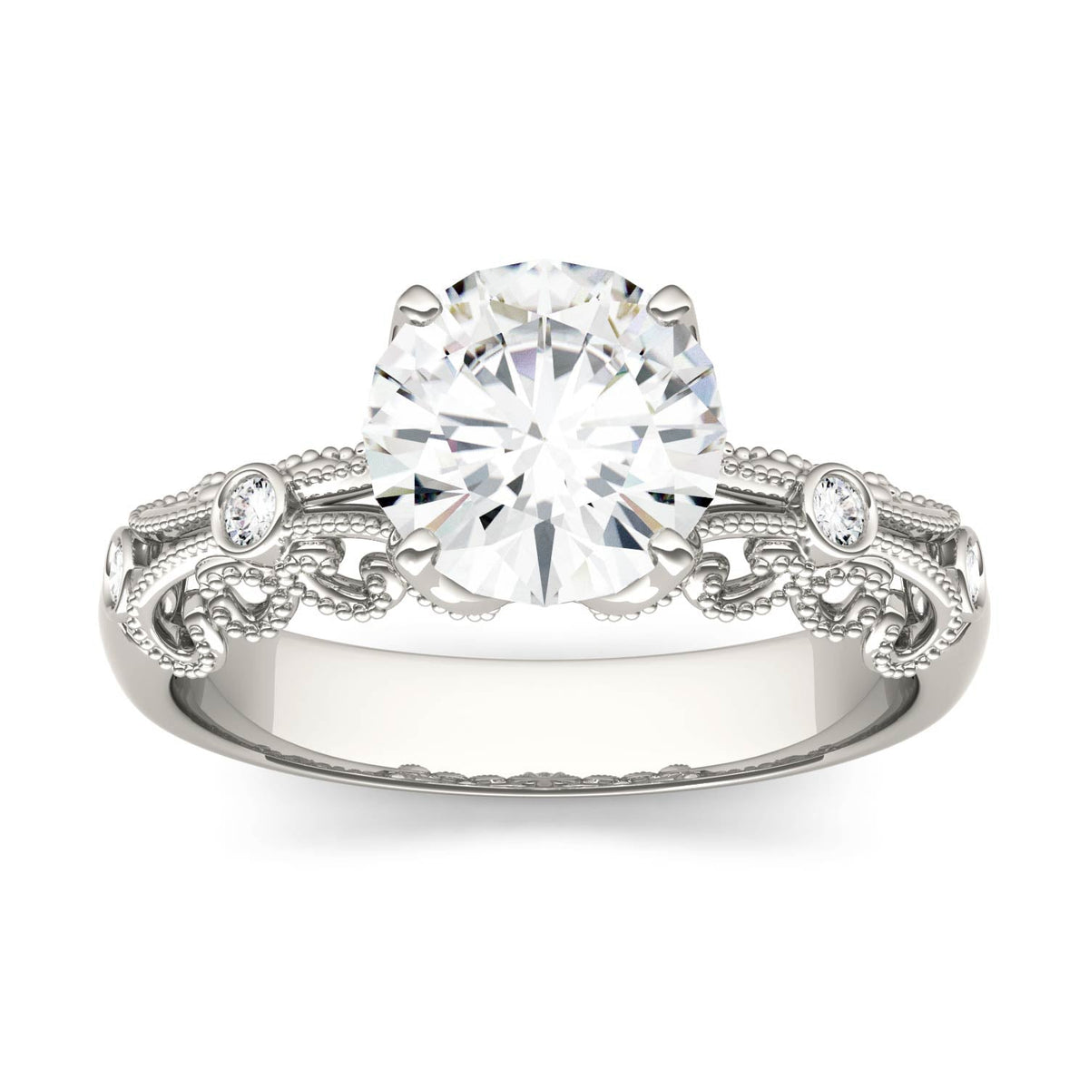 1.54 CTW DEW Round Moissanite Milgrain Engagement Ring in 14K White Gold