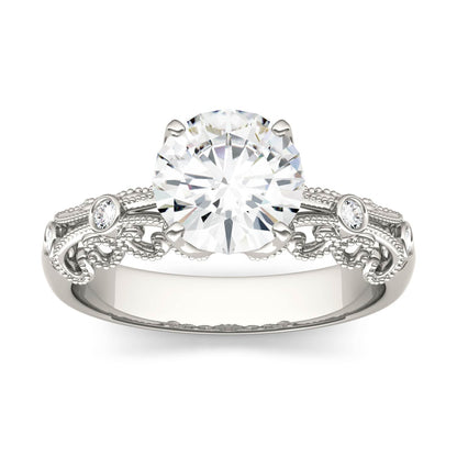 1.54 CTW DEW Round Moissanite Milgrain Engagement Ring in 14K White Gold