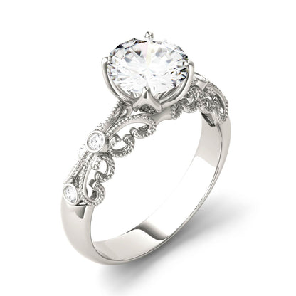 1.54 CTW DEW Round Moissanite Milgrain Engagement Ring in 14K White Gold