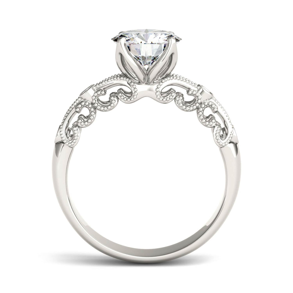 1.54 CTW DEW Round Moissanite Milgrain Engagement Ring in 14K White Gold