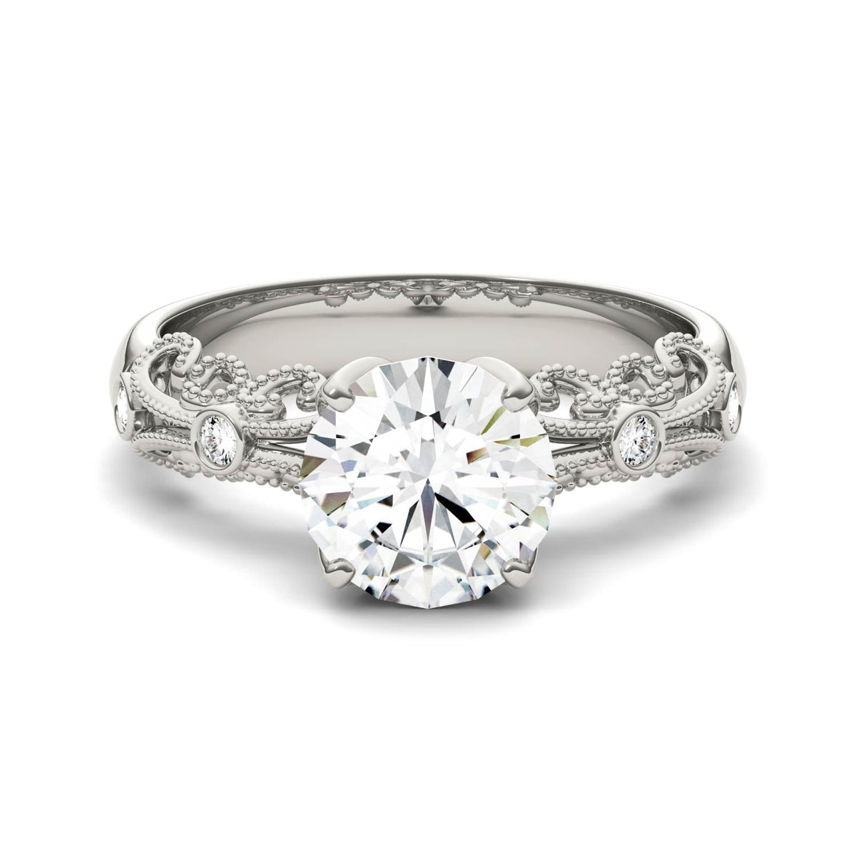 1.54 CTW DEW Round Moissanite Milgrain Engagement Ring in 14K White Gold