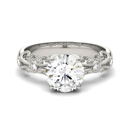 1.54 CTW DEW Round Moissanite Milgrain Engagement Ring in 14K White Gold