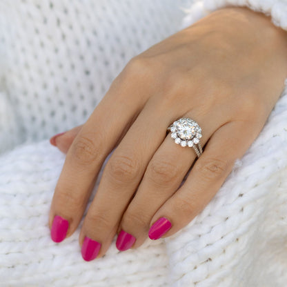 4.22 CTW DEW Round Moissanite Floral Halo Ring in 14K White Gold