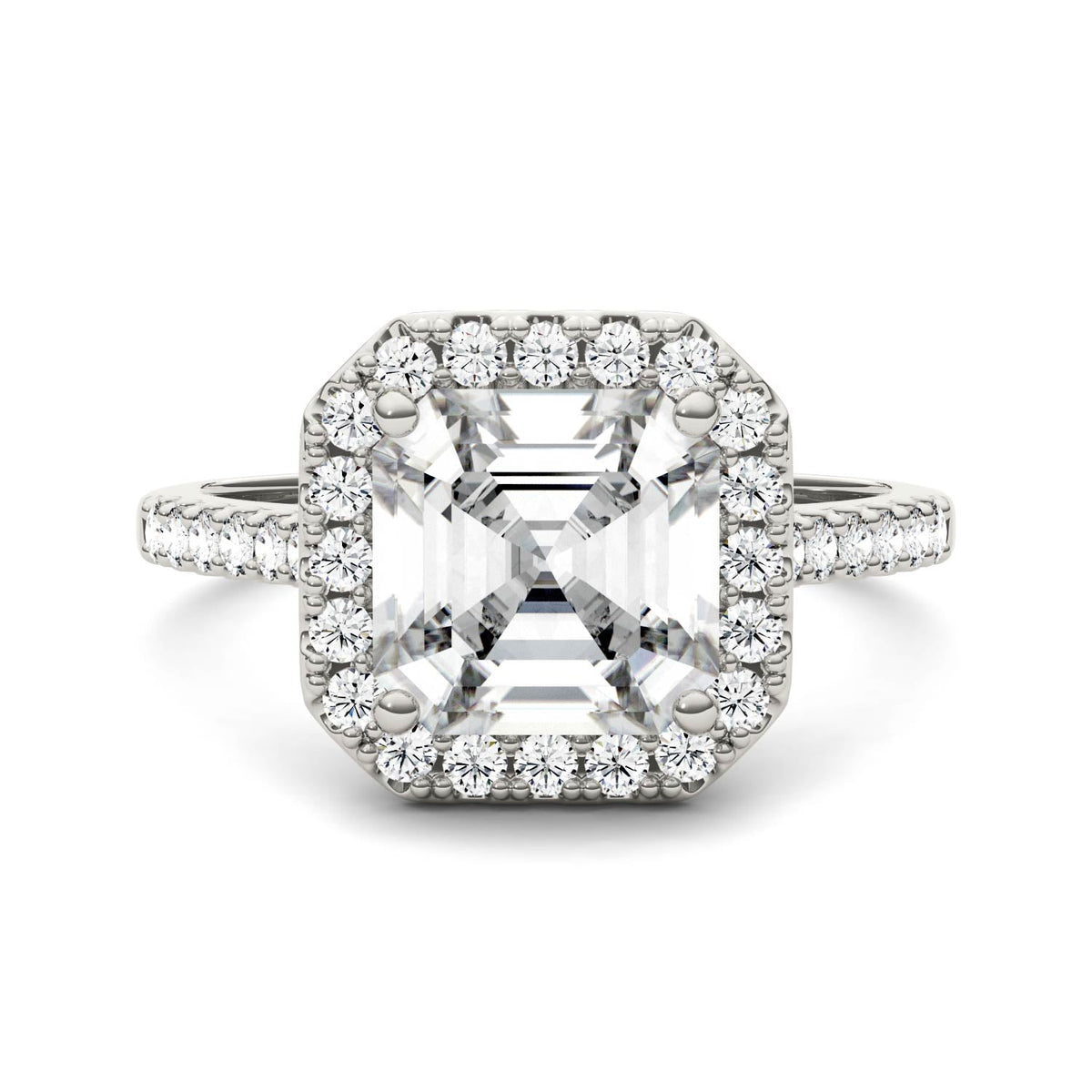 2.69 CTW DEW Asscher Moissanite Halo Ring in 14K White Gold