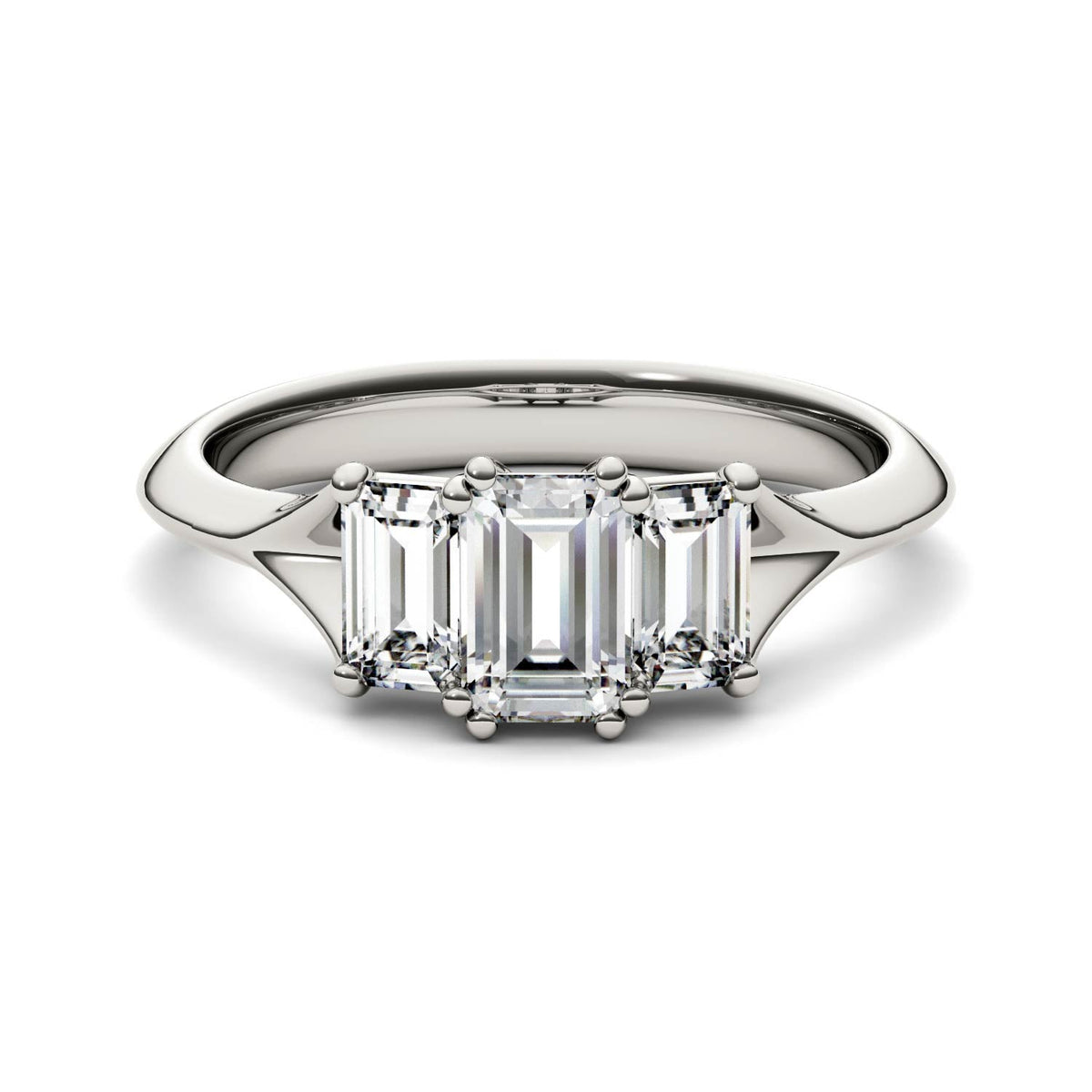 1.36 CTW DEW Radiant Moissanite Three Stone Ring in 14K White Gold