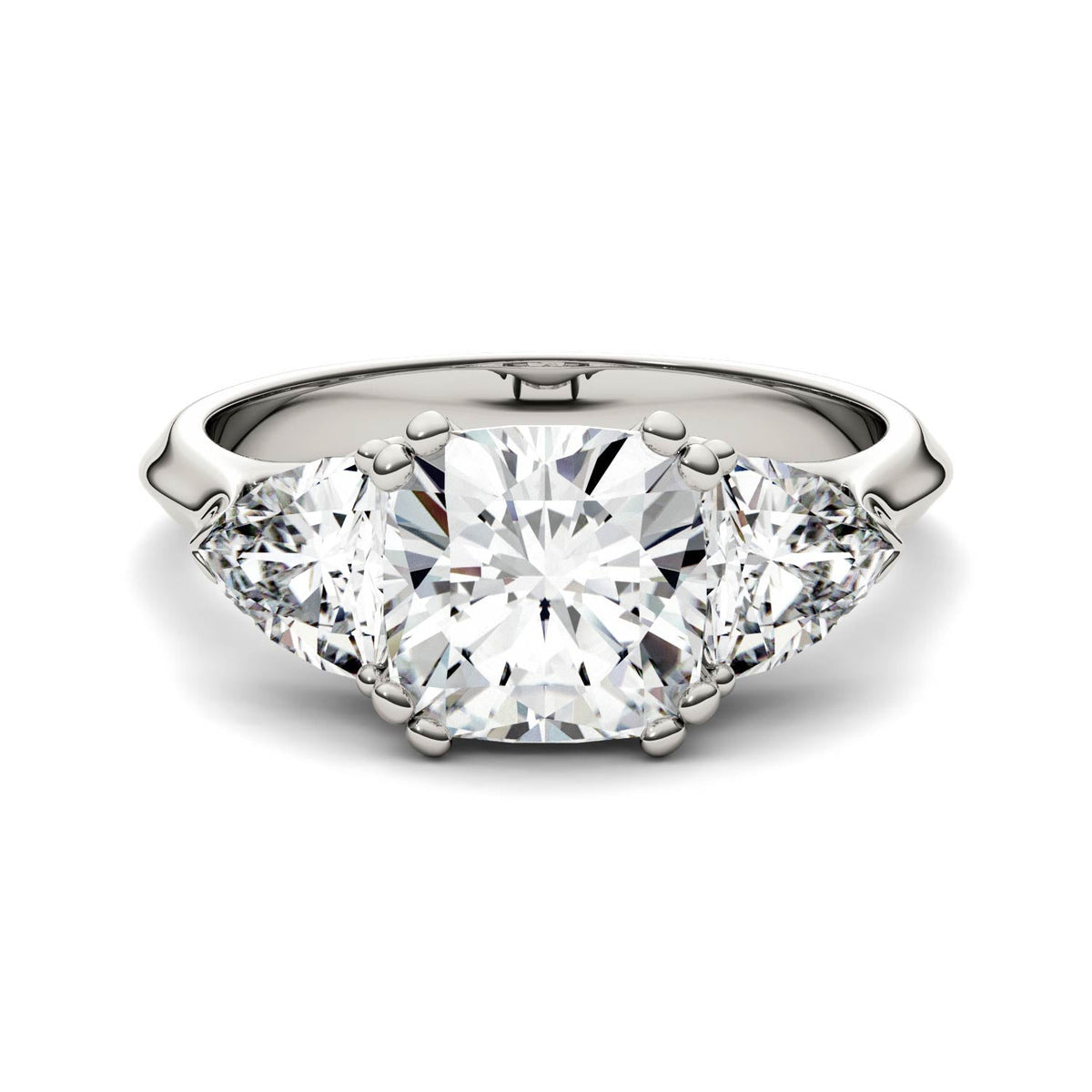 3.00 CTW DEW Cushion Moissanite Three Stone Ring in 14K White Gold