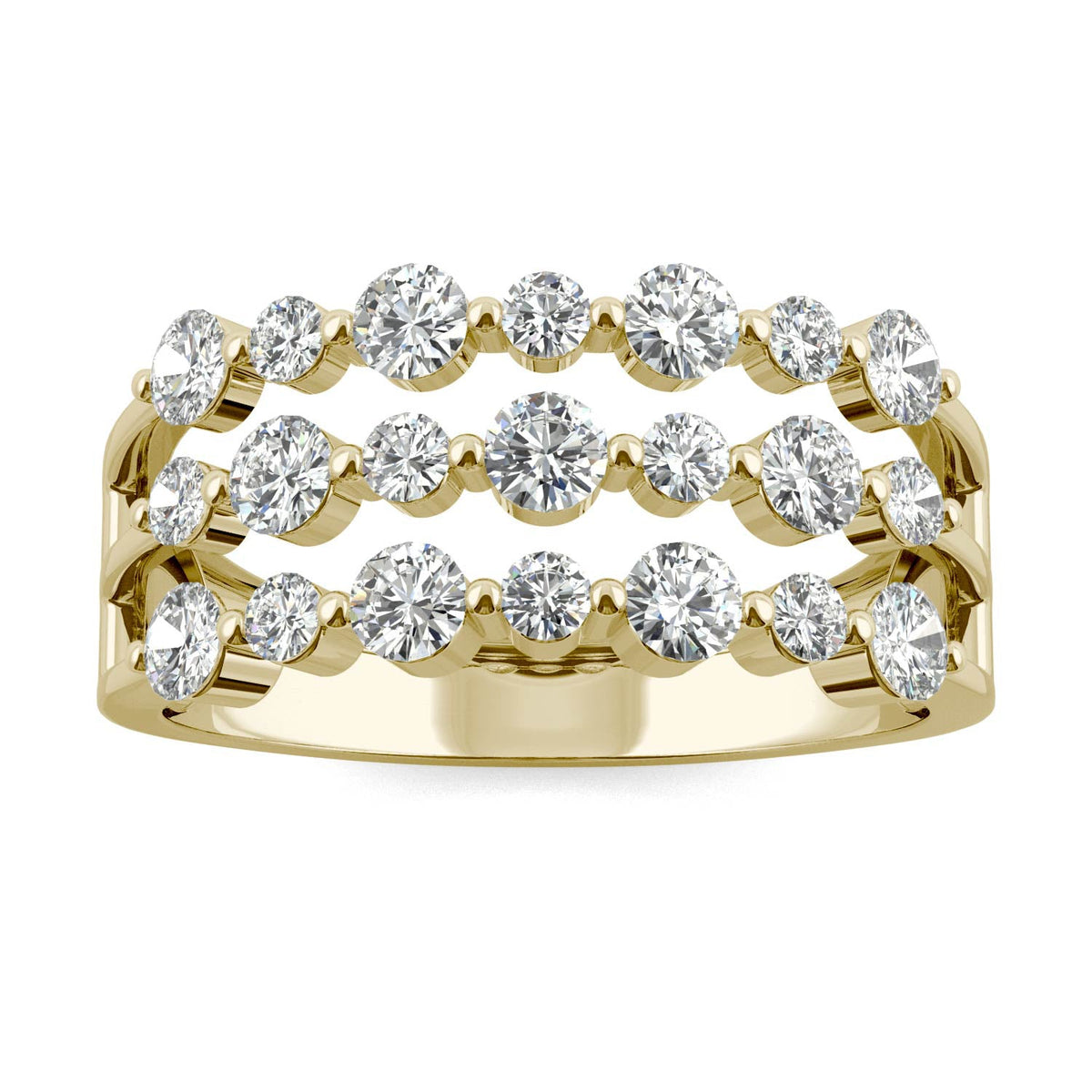 0.91 CTW DEW Round Moissanite Three Row Ring in 14K Yellow Gold