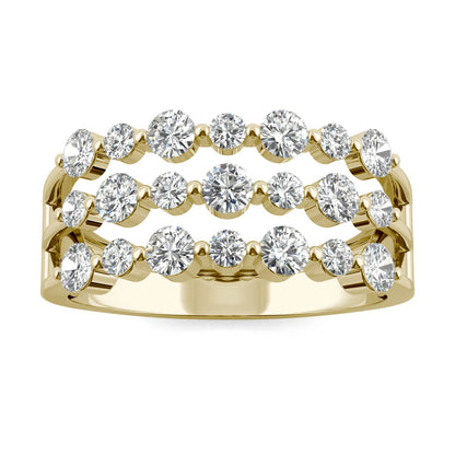 0.91 CTW DEW Round Moissanite Three Row Ring in 14K Yellow Gold