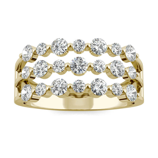 0.91 CTW DEW Round Moissanite Three Row Ring in 14K Yellow Gold
