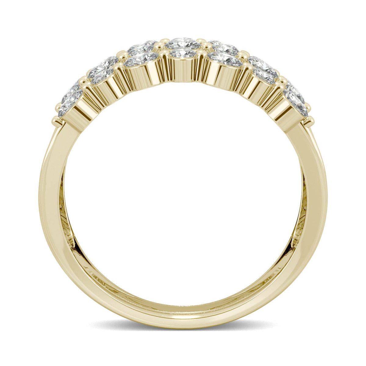 0.91 CTW DEW Round Moissanite Three Row Ring in 14K Yellow Gold