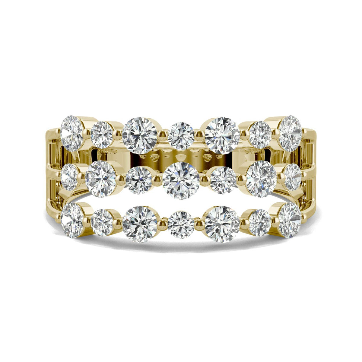 0.91 CTW DEW Round Moissanite Three Row Ring in 14K Yellow Gold