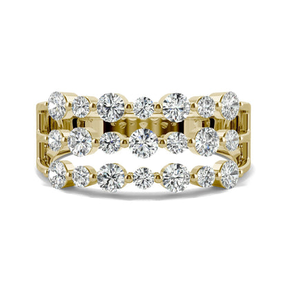 0.91 CTW DEW Round Moissanite Three Row Ring in 14K Yellow Gold