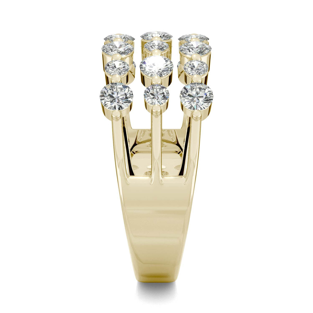 0.91 CTW DEW Round Moissanite Three Row Ring in 14K Yellow Gold