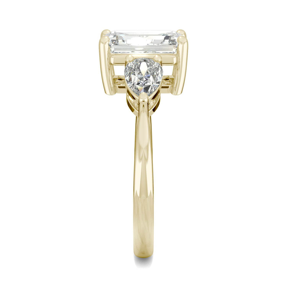 3.38 CTW DEW Emerald and Pear Three-Stone Moissanite Engagement Ring in 14K Yellow Gold