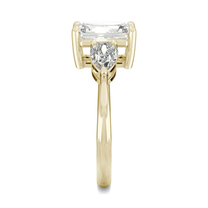 3.38 CTW DEW Emerald and Pear Three-Stone Moissanite Engagement Ring in 14K Yellow Gold