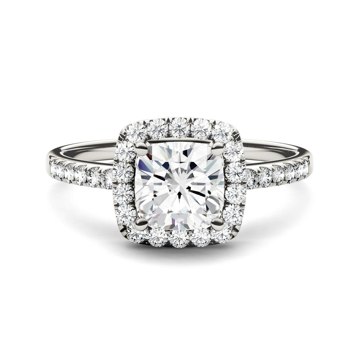 1.40 CTW DEW Cushion Moissanite Side-Stone Halo Engagement Ring in 14K White Gold