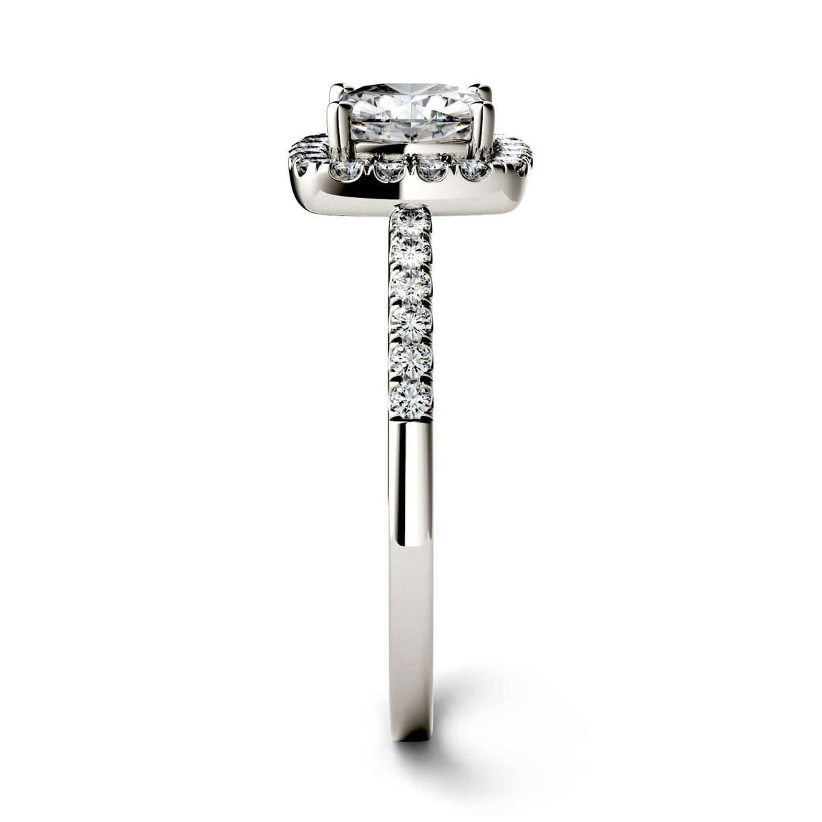 1.40 CTW DEW Cushion Moissanite Side-Stone Halo Engagement Ring in 14K White Gold
