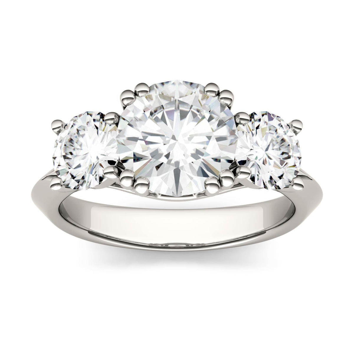3.10 CTW DEW Round Moissanite Three-Stone Ring in 14K White Gold