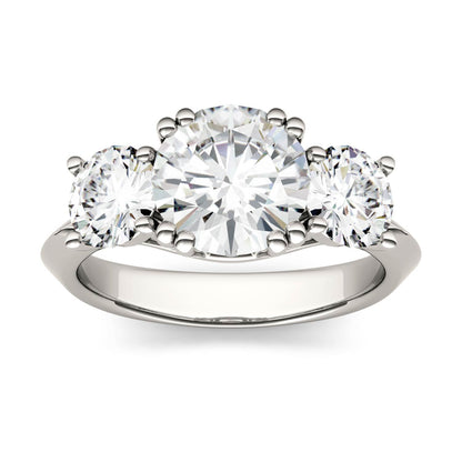 3.10 CTW DEW Round Moissanite Three-Stone Ring in 14K White Gold