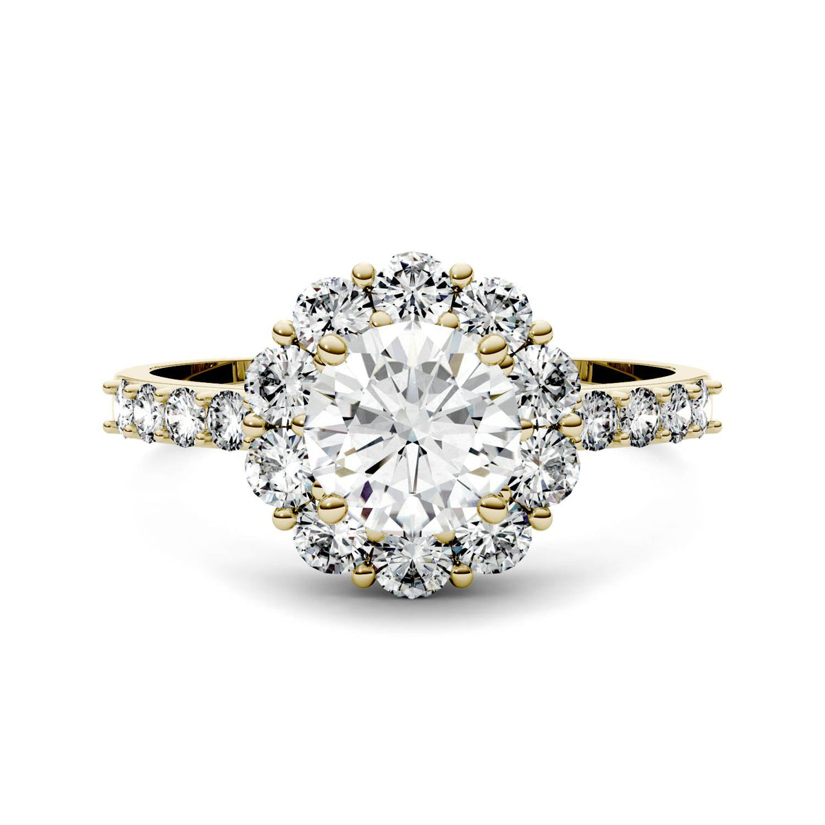 1.78 CTW DEW Round Moissanite Halo Ring in 14K Yellow Gold