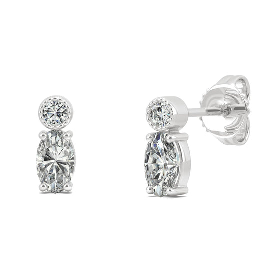 0.58 CTW DEW Round and Oval Moissanite Drop Stud Earrings in 10K White Gold
