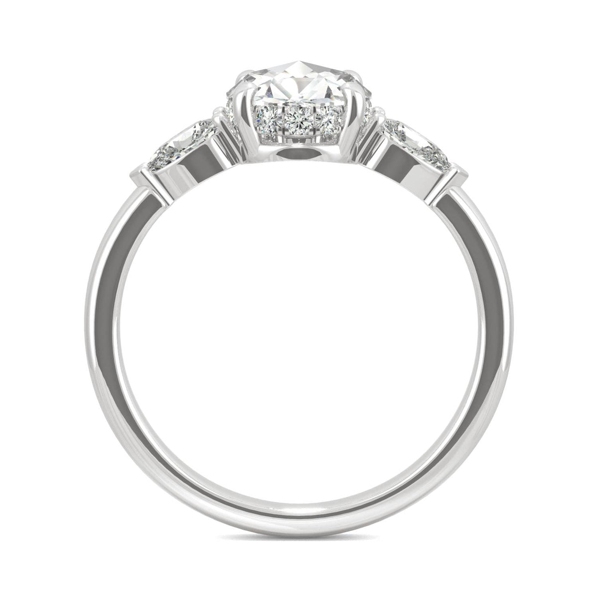 1.08 CTW DEW Round Rose-Cut and Pear Moissanite East-West Three-Stone Engagement Ring in 14K White Gold