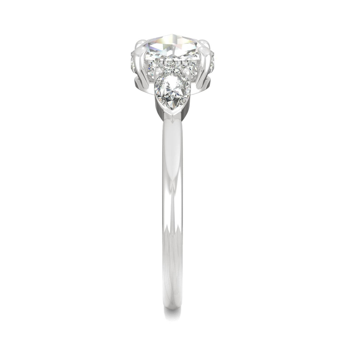 1.08 CTW DEW Round Rose-Cut and Pear Moissanite East-West Three-Stone Engagement Ring in 14K White Gold