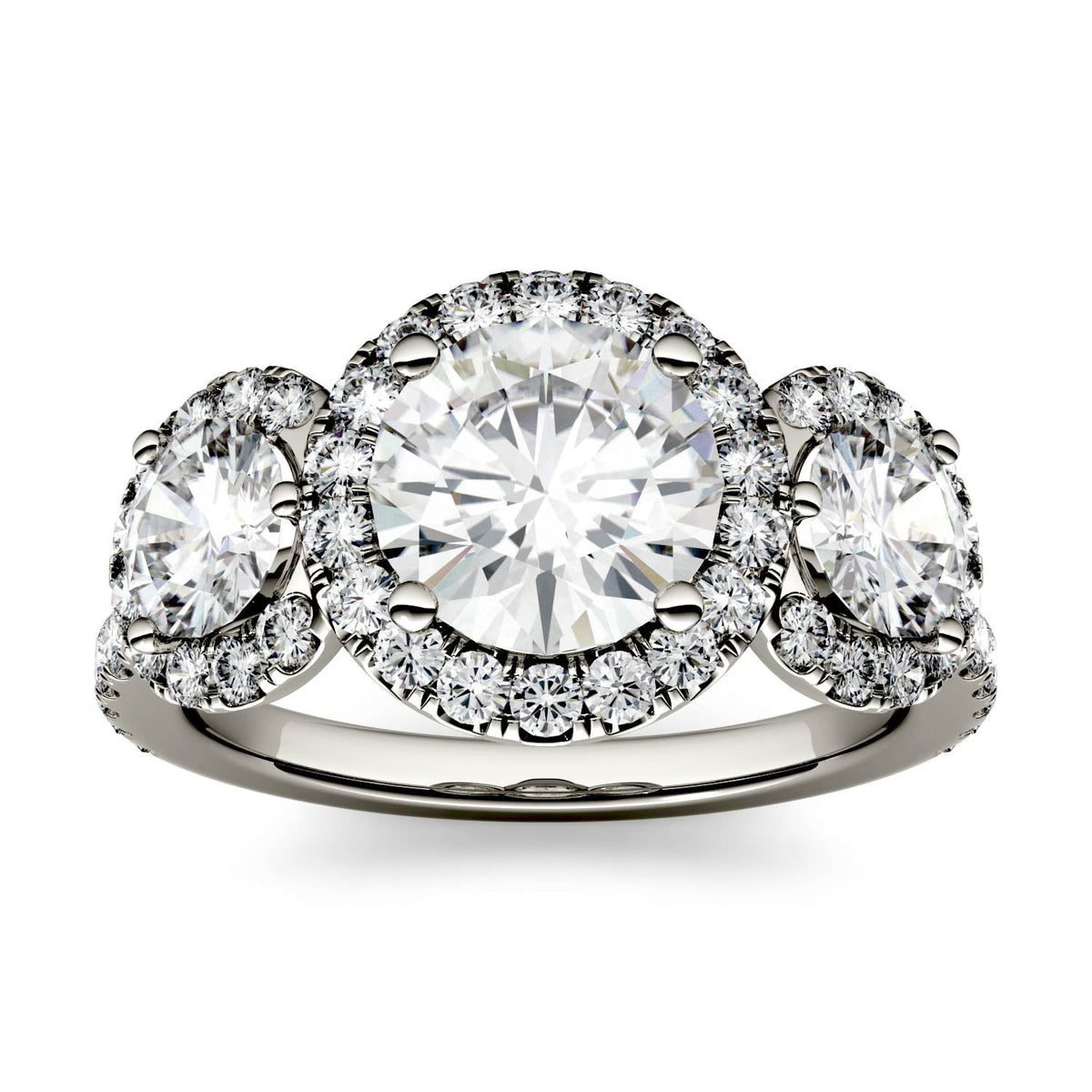 3.09 CTW DEW Round Moissanite Halo Three-Stone Ring in 14K White Gold