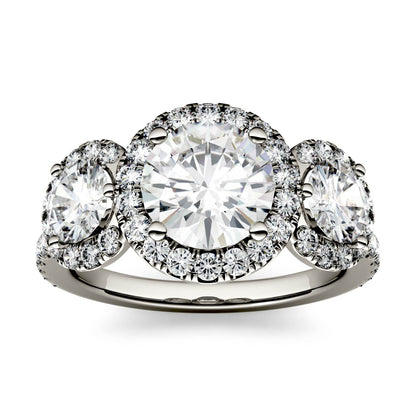 3.09 CTW DEW Round Moissanite Halo Three-Stone Ring in 14K White Gold