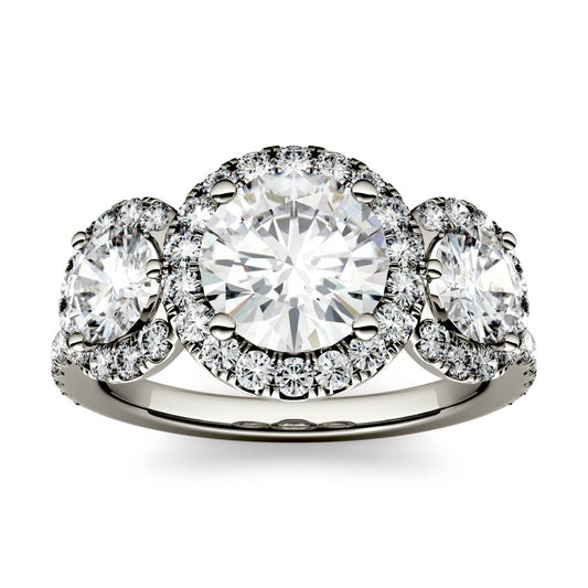 3.09 CTW DEW Round Moissanite Halo Three-Stone Ring in 14K White Gold