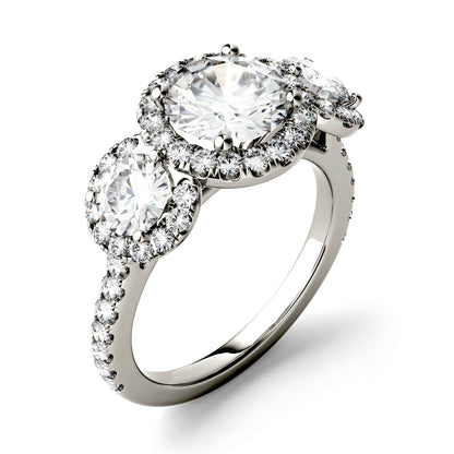 3.09 CTW DEW Round Moissanite Halo Three-Stone Ring in 14K White Gold