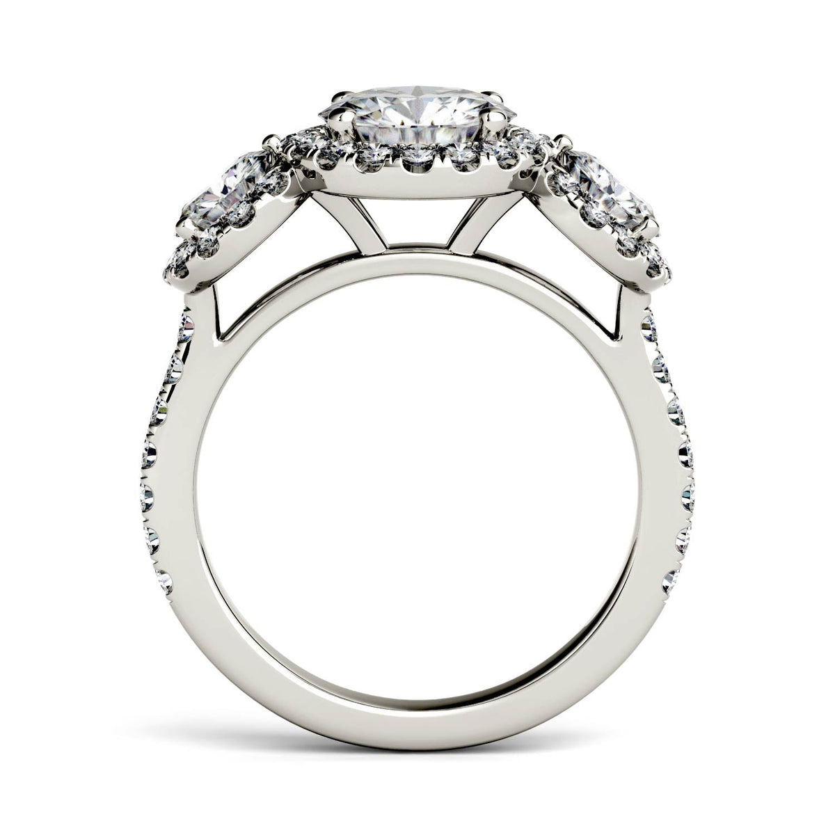 3.09 CTW DEW Round Moissanite Halo Three-Stone Ring in 14K White Gold