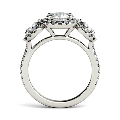 3.09 CTW DEW Round Moissanite Halo Three-Stone Ring in 14K White Gold