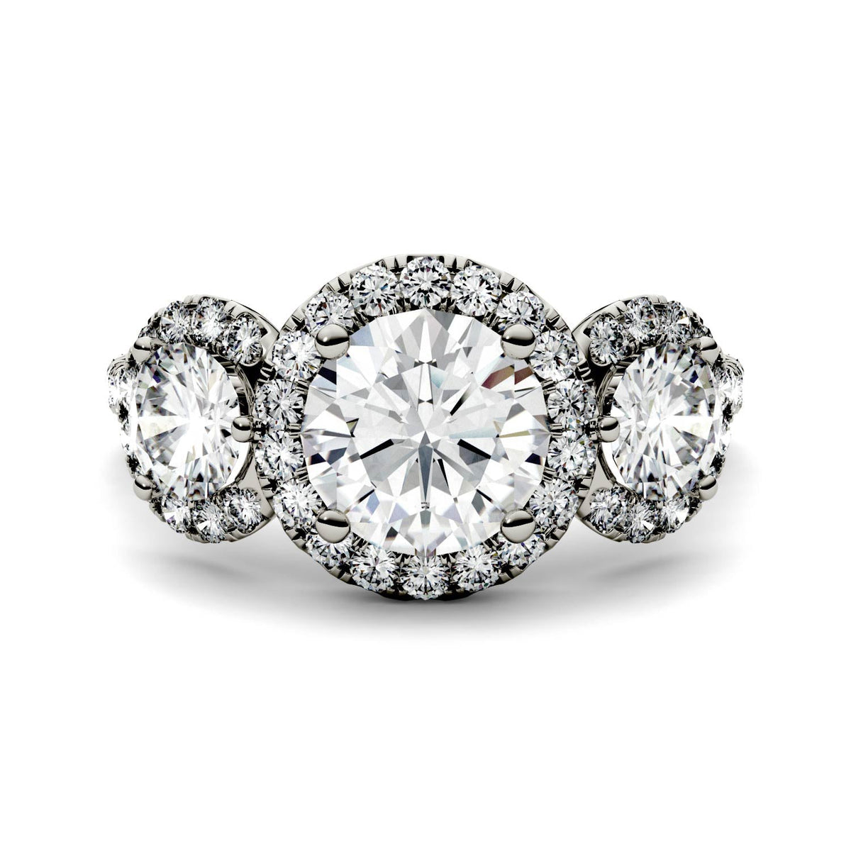 3.09 CTW DEW Round Moissanite Halo Three-Stone Ring in 14K White Gold