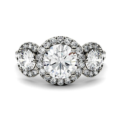 3.09 CTW DEW Round Moissanite Halo Three-Stone Ring in 14K White Gold