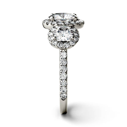 3.09 CTW DEW Round Moissanite Halo Three-Stone Ring in 14K White Gold