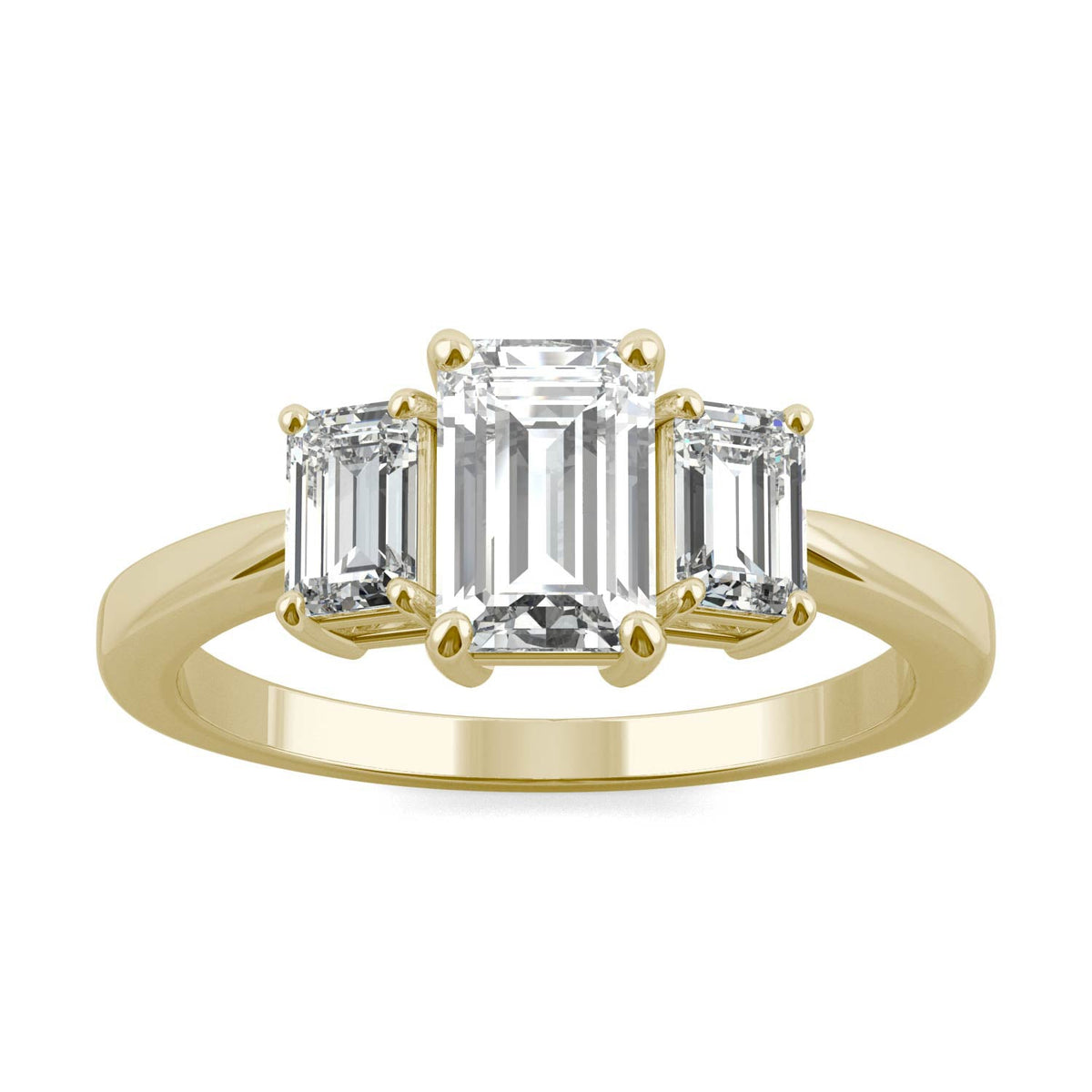 1.55 CTW DEW Emerald Moissanite Three-Stone Ring in 14K Yellow Gold