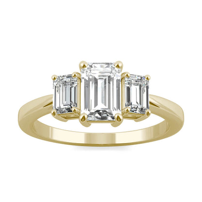 1.55 CTW DEW Emerald Moissanite Three-Stone Ring in 14K Yellow Gold