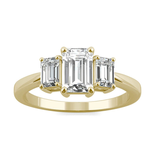 1.55 CTW DEW Emerald Moissanite Three-Stone Ring in 14K Yellow Gold