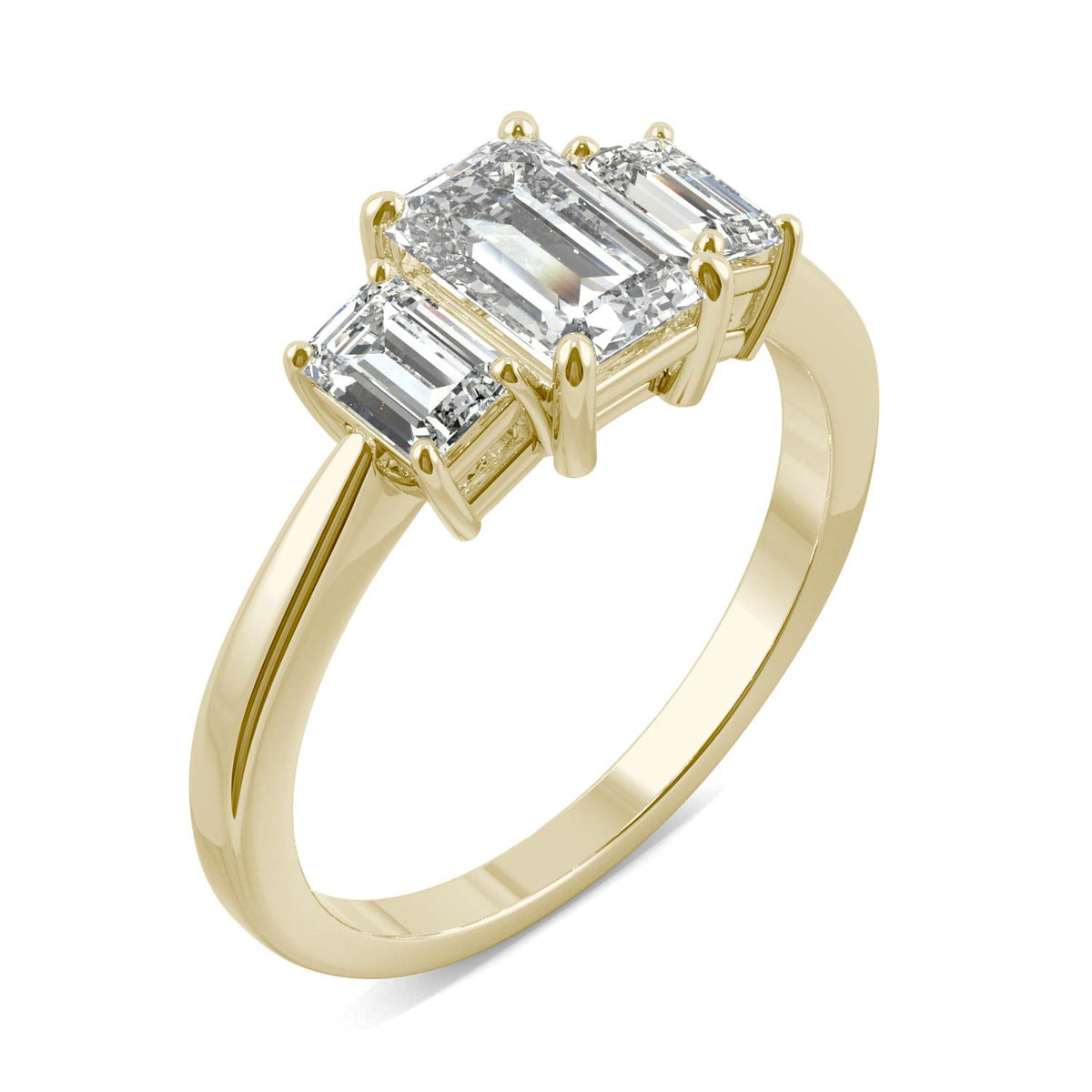 1.55 CTW DEW Emerald Moissanite Three-Stone Ring in 14K Yellow Gold