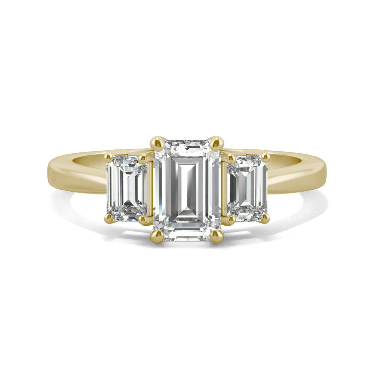 1.55 CTW DEW Emerald Moissanite Three-Stone Ring in 14K Yellow Gold