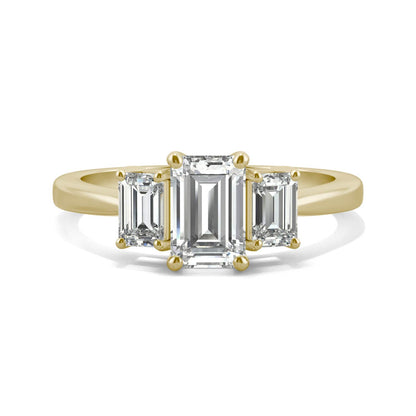 1.55 CTW DEW Emerald Moissanite Three-Stone Ring in 14K Yellow Gold