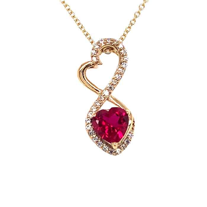 1.21 CTW DEW Red Heart Created Ruby & Moissanite Infinity Pendant in 14K Yellow Gold