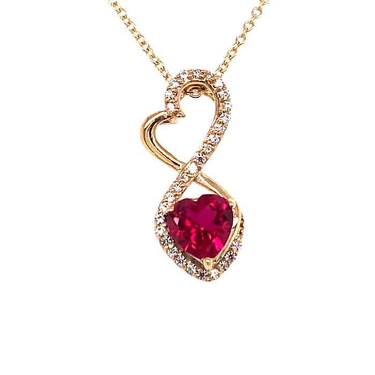 1.21 CTW DEW Red Heart Created Ruby & Moissanite Infinity Pendant in 14K Yellow Gold