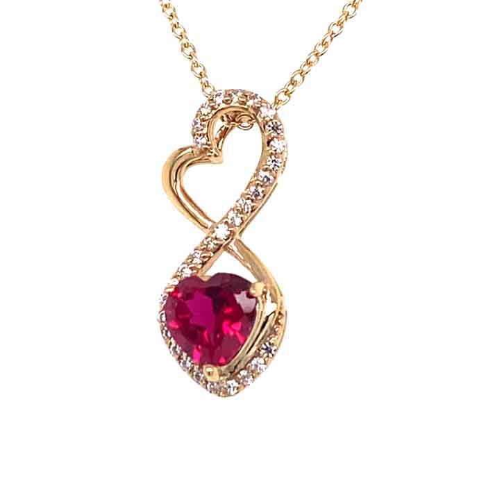 1.21 CTW DEW Red Heart Created Ruby & Moissanite Infinity Pendant in 14K Yellow Gold