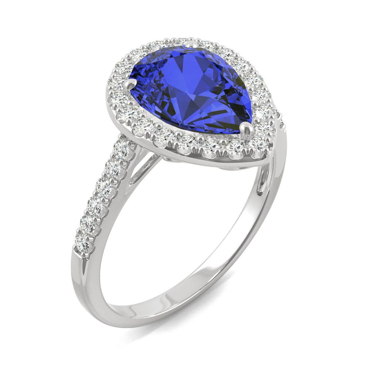 2.98 CTW DEW Pear Sapphire Halo Ring in 14K White Gold