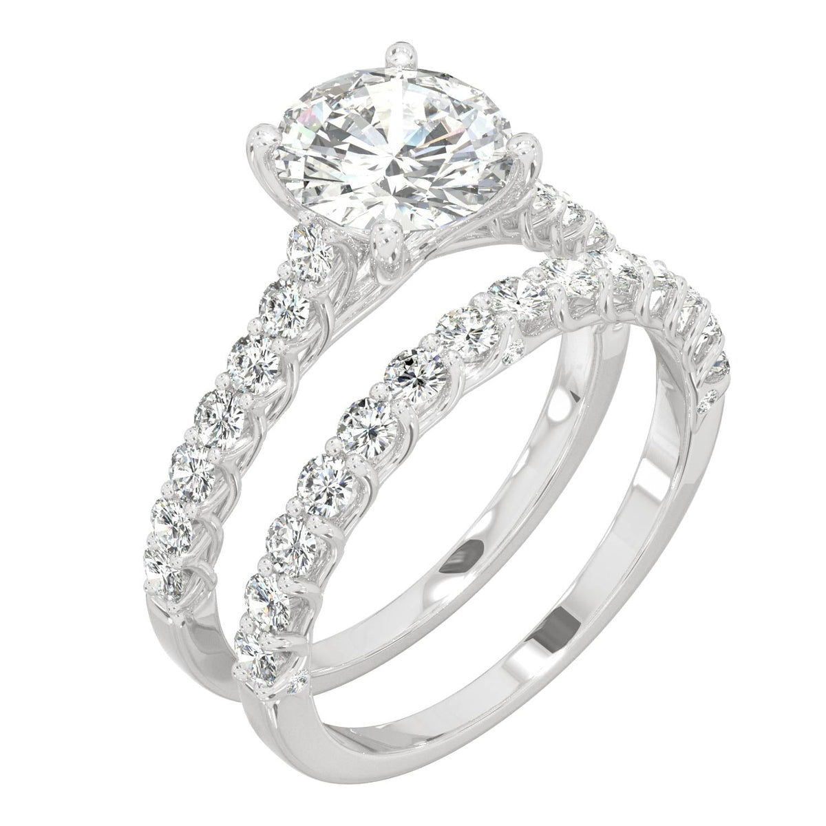 2.37 CTW DEW Round Moissanite Cathedral Bridal Set in 14K White Gold
