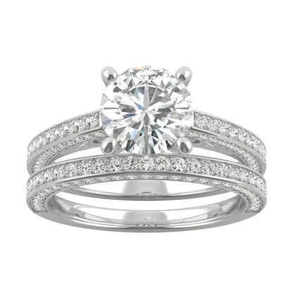 2.71 CTW DEW Round Moissanite Side-Stone Bridal Set in 14K White Gold