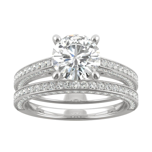 2.71 CTW DEW Round Moissanite Side-Stone Bridal Set in 14K White Gold