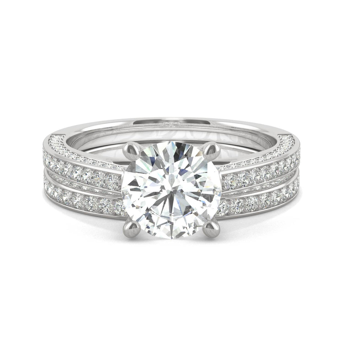 2.71 CTW DEW Round Moissanite Side-Stone Bridal Set in 14K White Gold